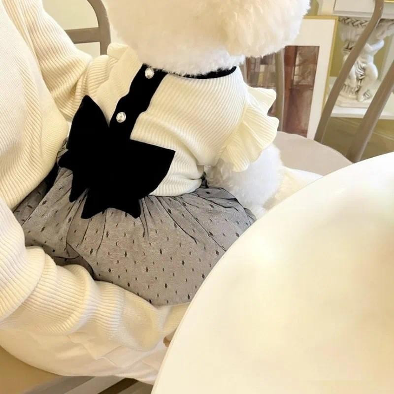 Roupa de Verão Luxuosa para Cães de Estimação Sem Chapéu, Vestido de Cão Preto e Branco com Laço de Renda, Vestido Teddy