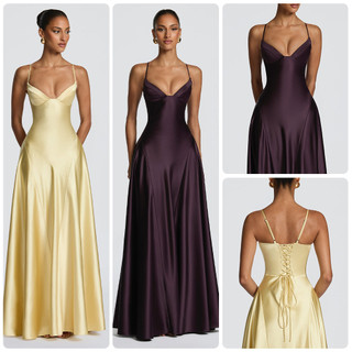 Novo estilo cetim estilingue cintura estreita longo vestido de noite profundo V grande balanço cetim jantar vestido