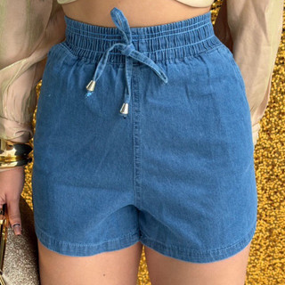 Shorts Feminino Jeans Medio Cintura Alta com elástico e cordão, Casual, Confortável, Moda Verão