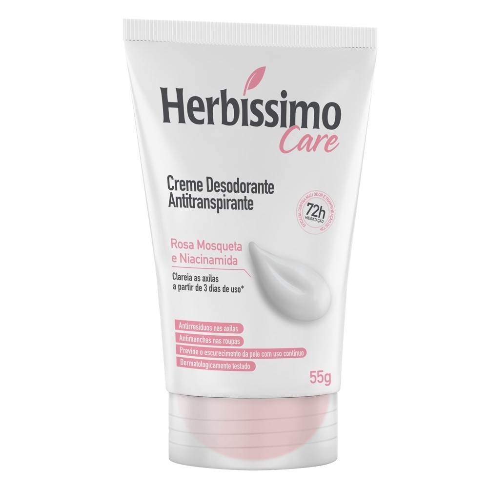 Desodorante Creme Antitranspirante Herbíssimo Bisnaga Rosa Mosqueta e Niacinamida 55g em Oferta na Shopee