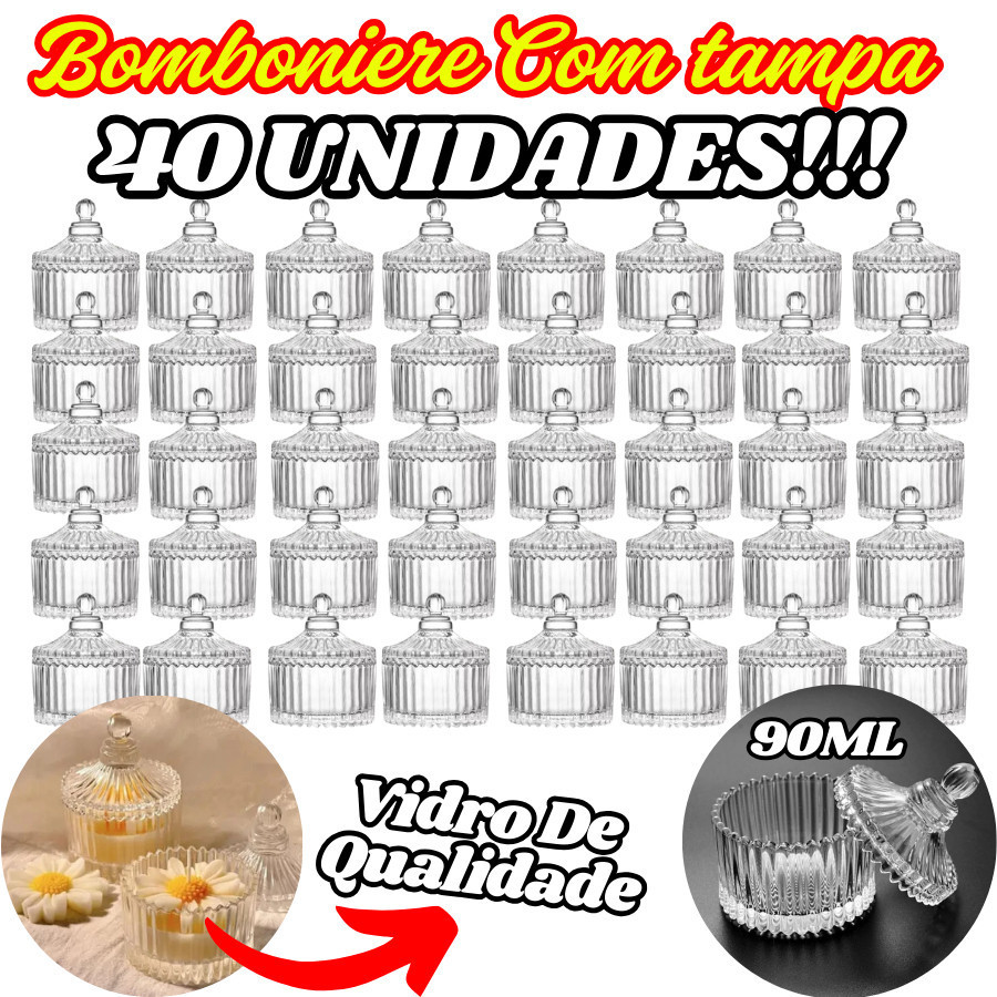 KIT 40 Unidades Bomboniere Com Tampa De Vidro 90ML 9x6x4Cm Para Velas Doces Multiuso Decorativo