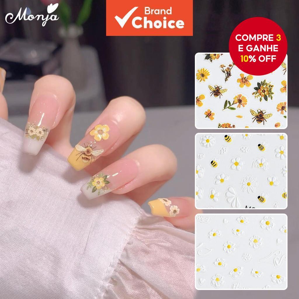 Monja 3D Em Relevo Flor Amarela Abelha Adesivos De Unhas Alívio Autoadesivo Decoração De Manicure DIY