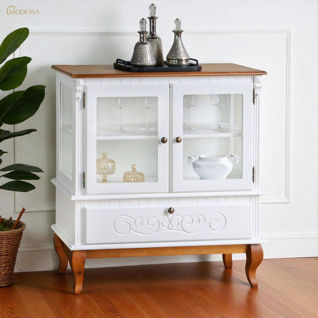Cristaleira com 2 Portas 1 Gaveta e Laterais em Vidro Pés Luiz XV 5115 Genebra - Branco/Pinhão