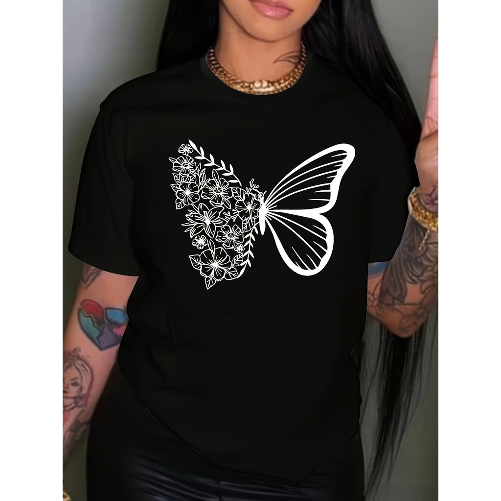 Camiseta Feminina Plus Size Floral Print Oversized Estampada Confortável Estilosa Moderna Verão