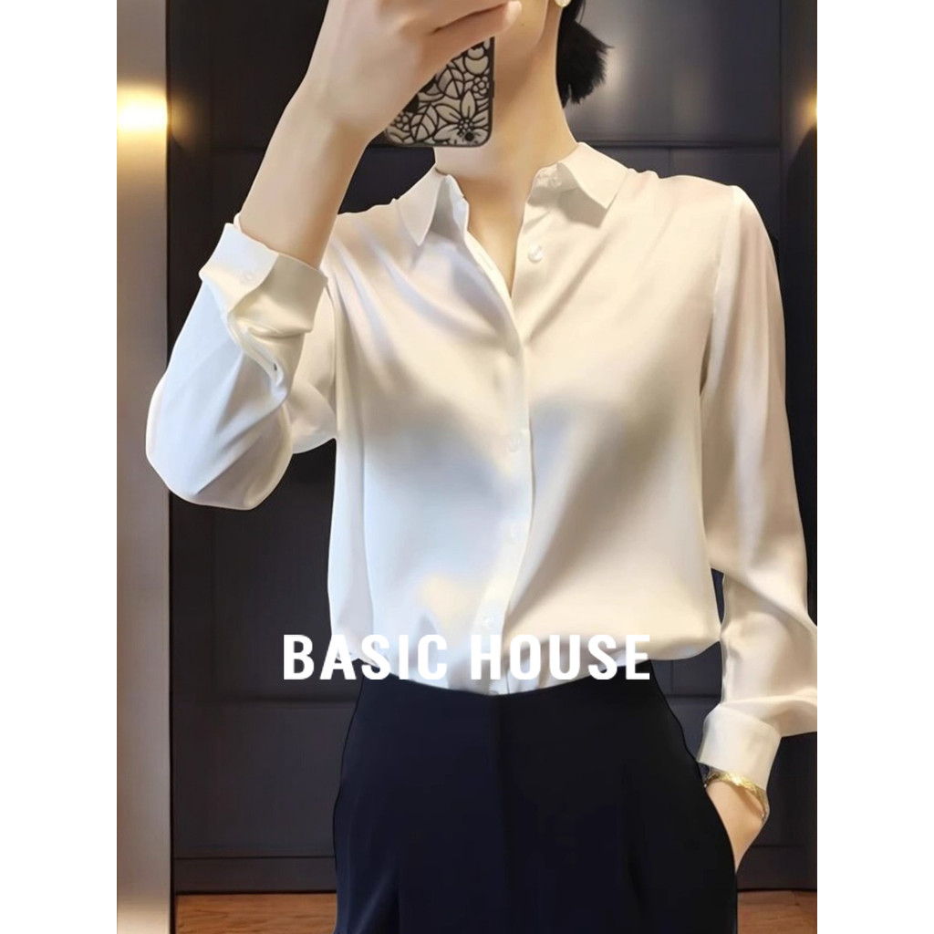 Casa básica/casa básica High-End gola Polo camisa de cetim feminina 2026 primavera novo estilo camisa branca