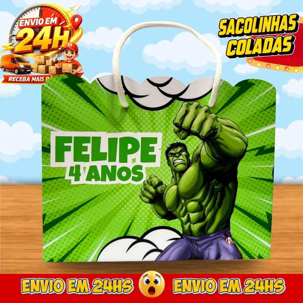 20 Sacolinhas Hulk Personalizadas - Lembrancinhas Infantil Dinossauro Premium com Nome e Idade