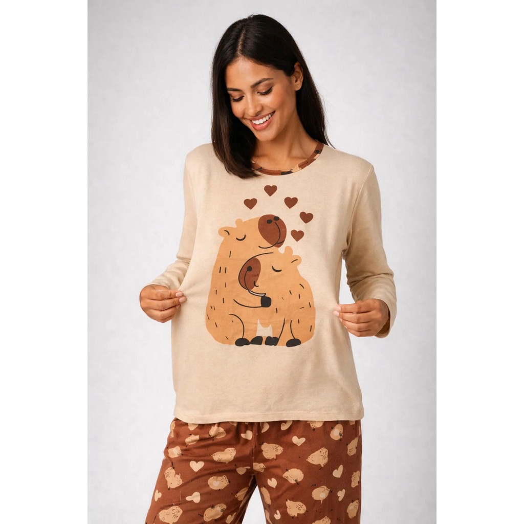 Pijama Feminino Capivaras Inverno Confortável Manga Longa Suede Conjunto Quentinho Roupa de Dormir Frio — imagem 2 de 2