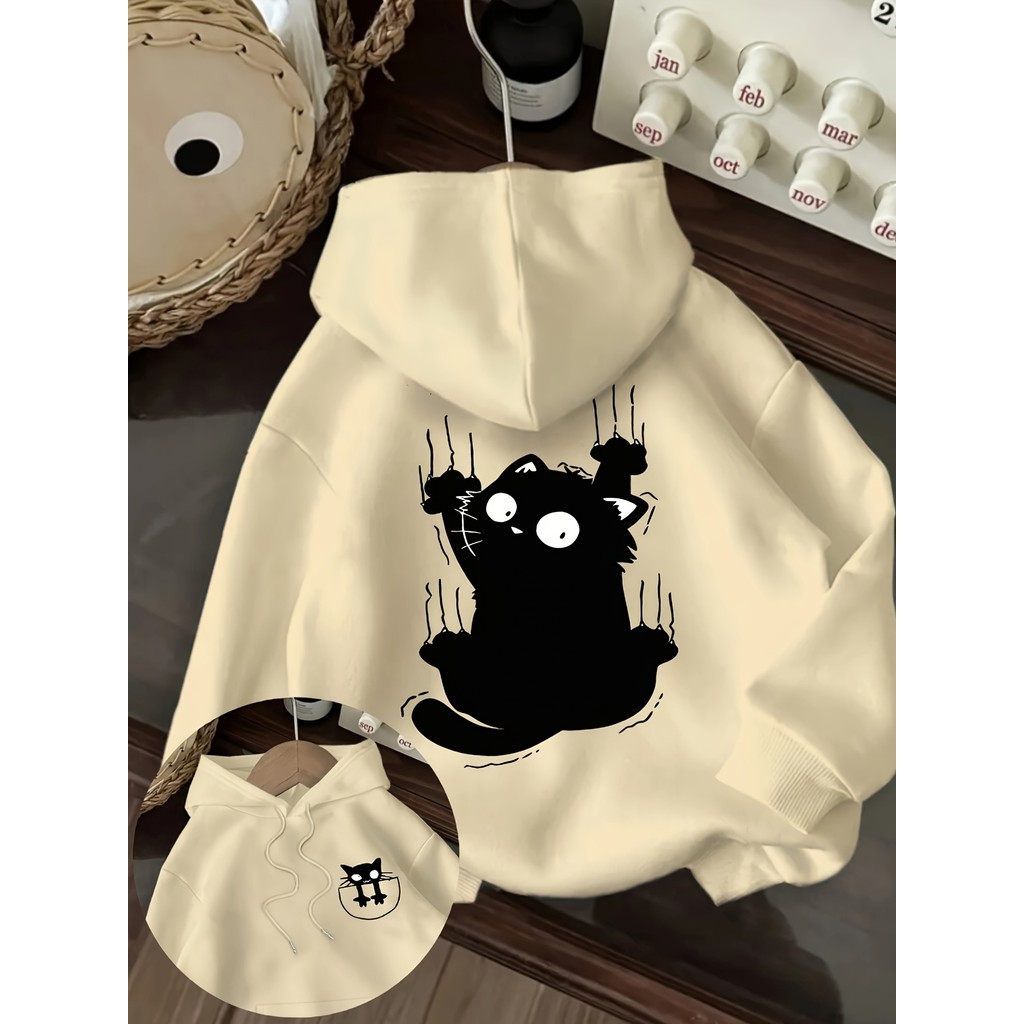 Moletom Feminino com Capuz e Estampa de Gato Preto,Sweatshirt Casual com Cordão para Inverno e Outono Catlovers