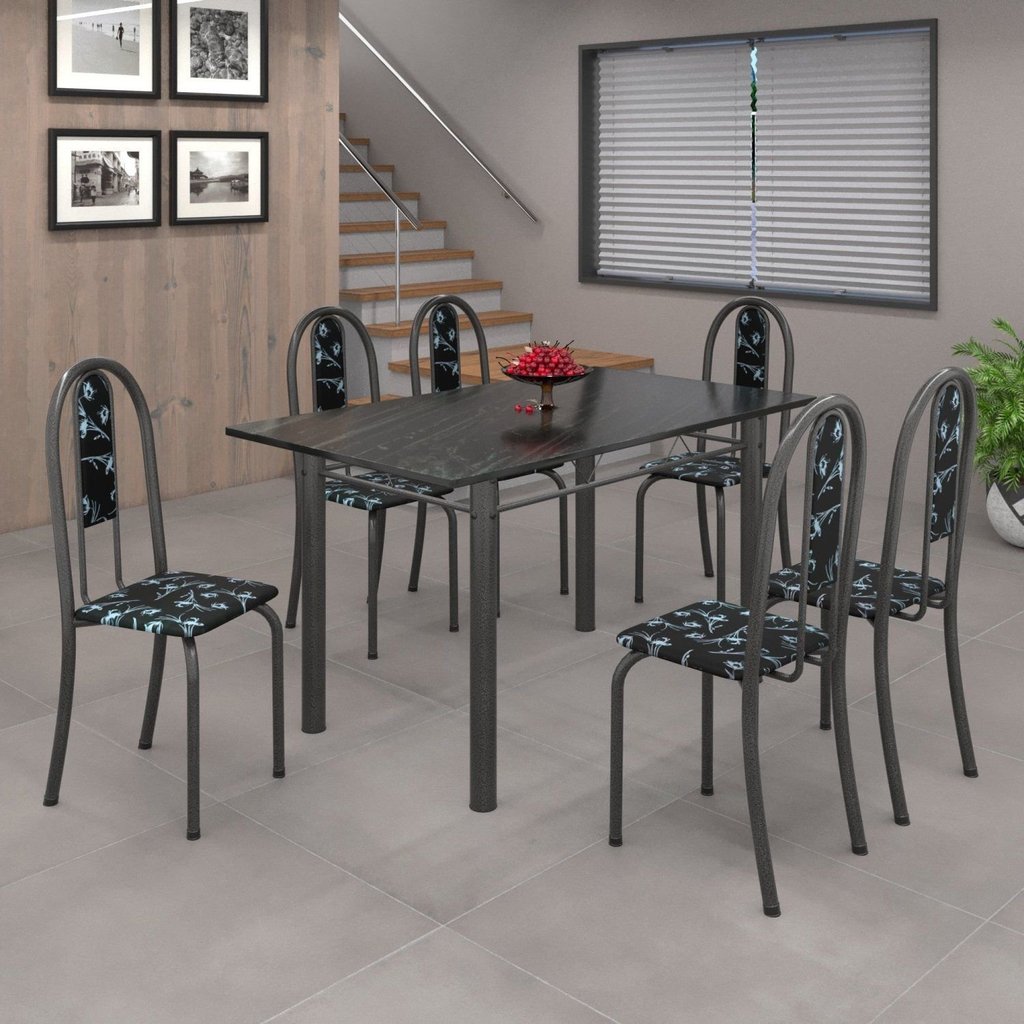 Conjunto de Mesa 140x75cm Tampo de Ardósia com 6 Cadeiras Iris a Soma Móveis Cinza/Preto Floral/Martelado Prata Preto