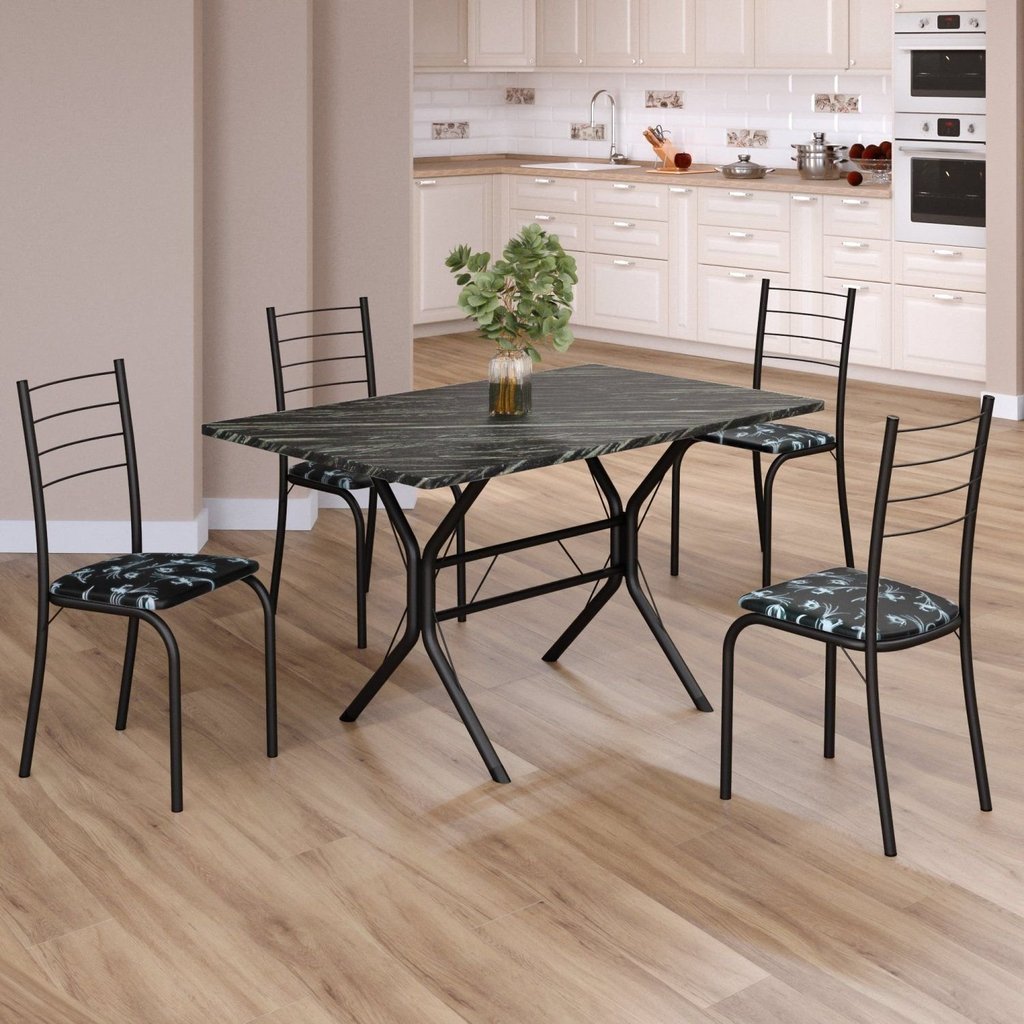 Conjunto Sala de Jantar Mesa Retangular 100x60cm Tampo Madeira MDP Ardósia Indiana 4 Cadeiras Rio Preto/Floral/Fosco