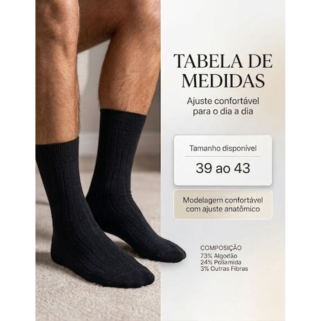 Meia Social Masculina Selene Classica Cano Alto Algodão Preta Marrom Azul Terno Trabalho Canelada — imagem 2 de 2