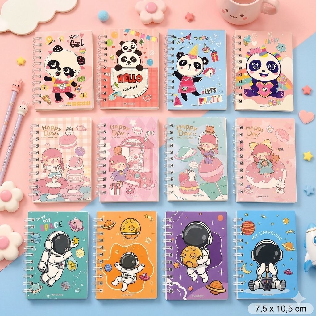 Kit 4 Caderninhos Espiral Pequenos Kawaii com 160 Folhas Modelos Sortidos