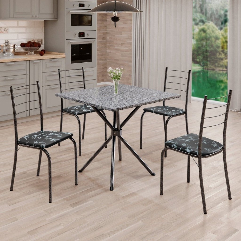 Conjunto Sala de Jantar Mesa Quadrada 75x75cm Tampo Granito Ocre 4 Cadeiras Rio Prata/Preto Floral/Mart Preto