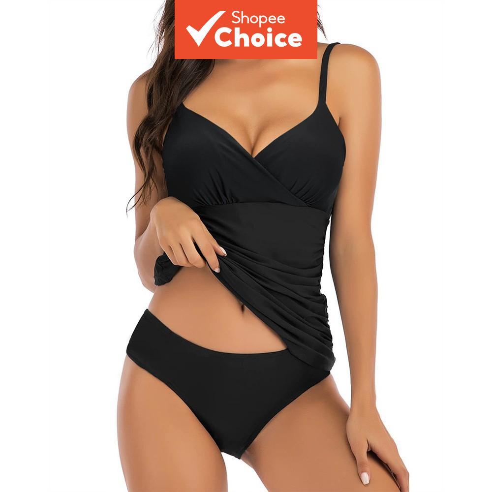 Maiô Preto De Duas Peças Com Decote Em V Cruzado Push-Up Emagrecedor Para Mulheres , Conservador Cobertura De Barriga ,
