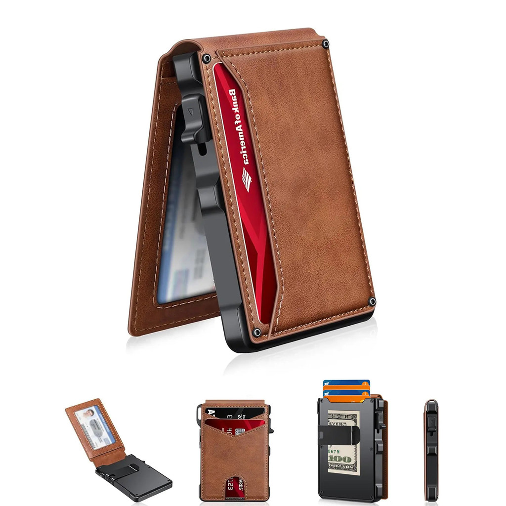 Carteira Masculina Minimalista Slim: 9-13 Cartões, Clipe para Dinheiro, Janela para Identificação, Bloqueio RFID, Mecani