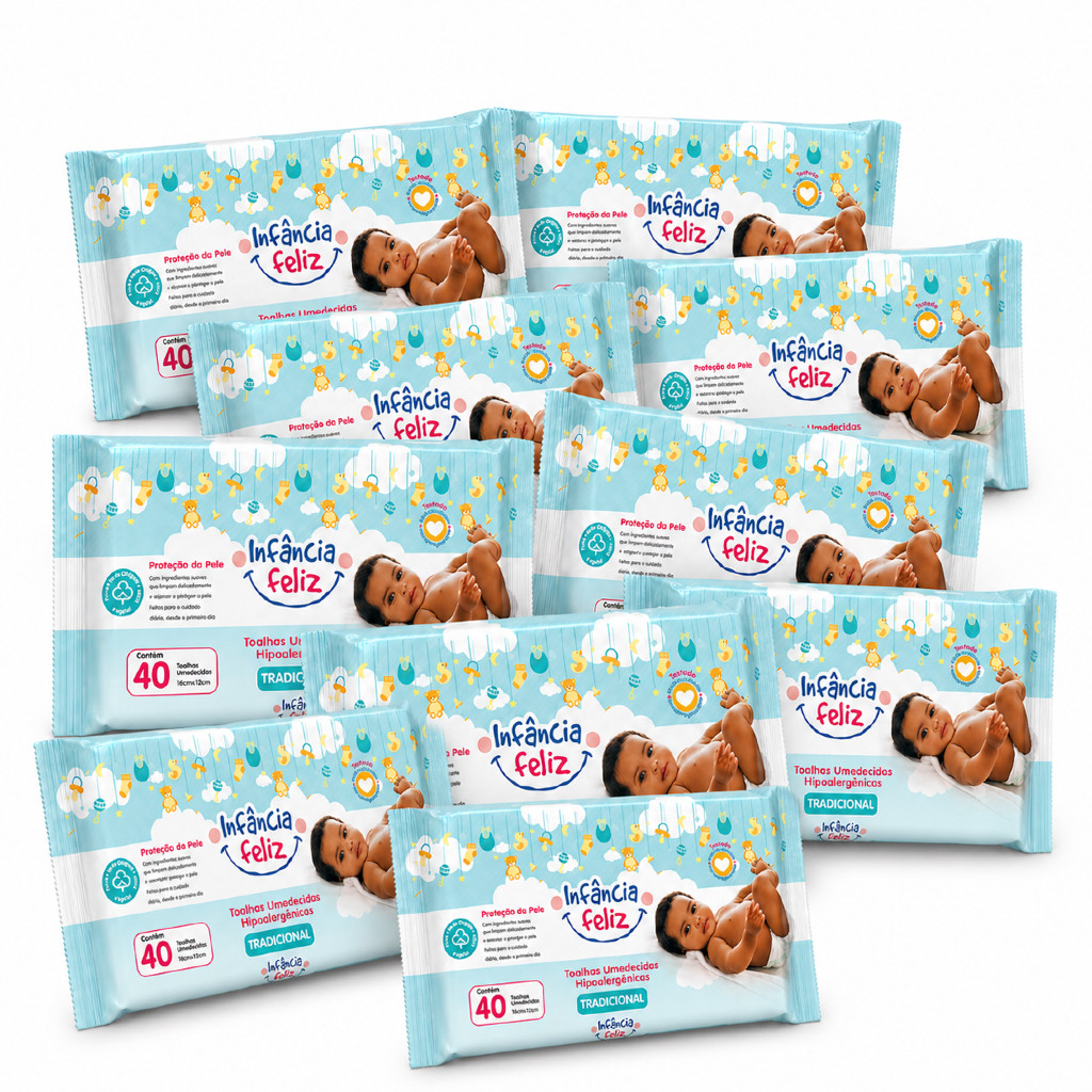 Lenço Umedecido Infância Feliz 40 Folhas Kit 10 Pacotes Toalhas Umedecidas