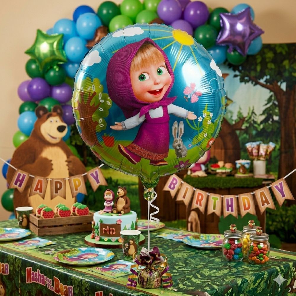 3 Balão Metalizado Masha e o Urso 2 Redondo de 45cm 1 do Urso Corpo