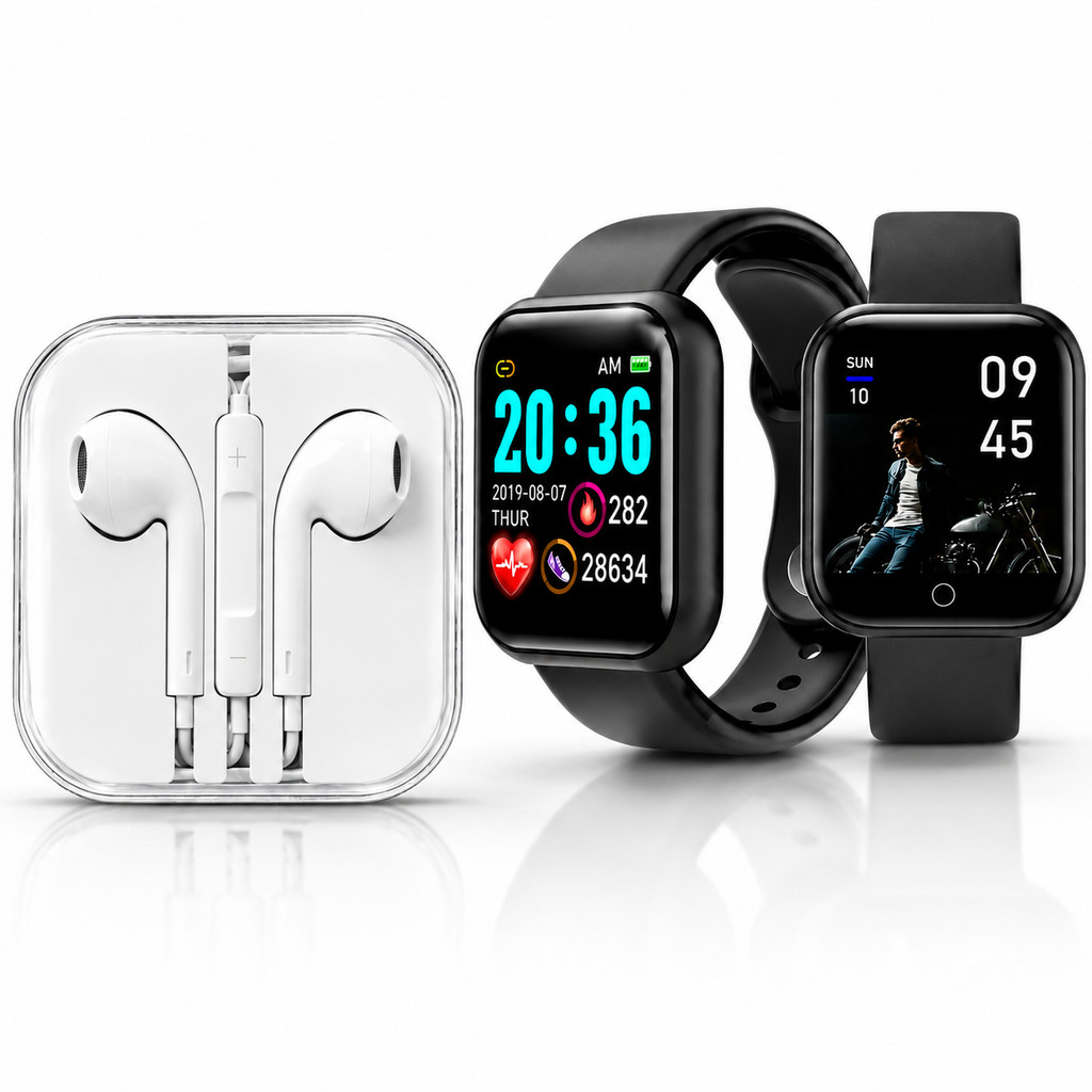Kit Smartwatch Relógio Inteligente Tela Touch + Fone De Ouvido Branco Com Fio Para Celular Esportivo