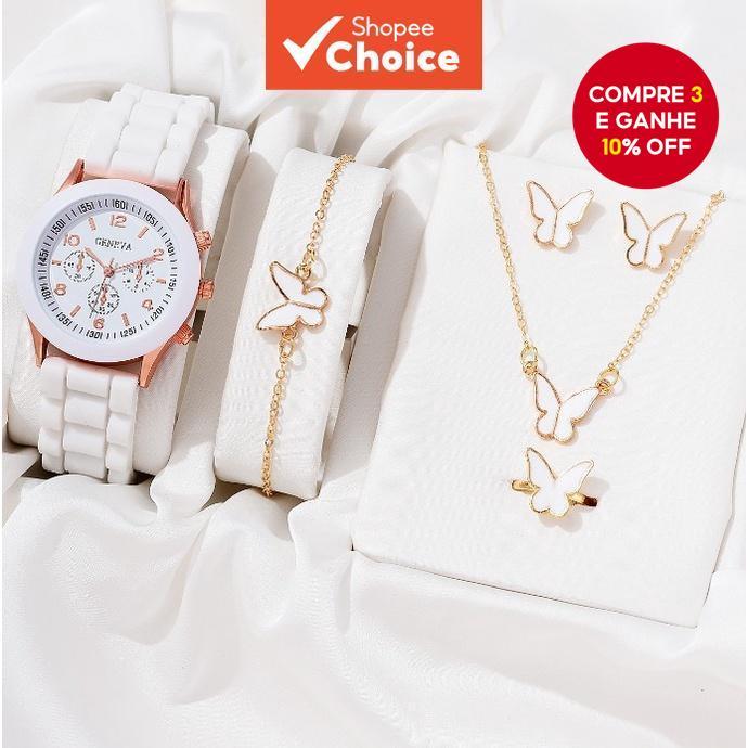 Conjunto De Joias Da Moda – Colar Pulseira Brincos Anel Para Mulheres Branco Preto Presente De Dia Dos Namorados