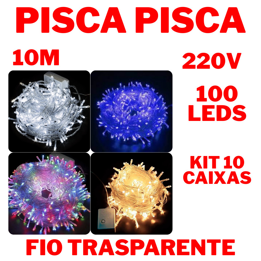 Kit 10 Caixas Pisca Pisca 10m 100Leds 220V Decoração Natal Fio Transparente Luzes Uso Interno