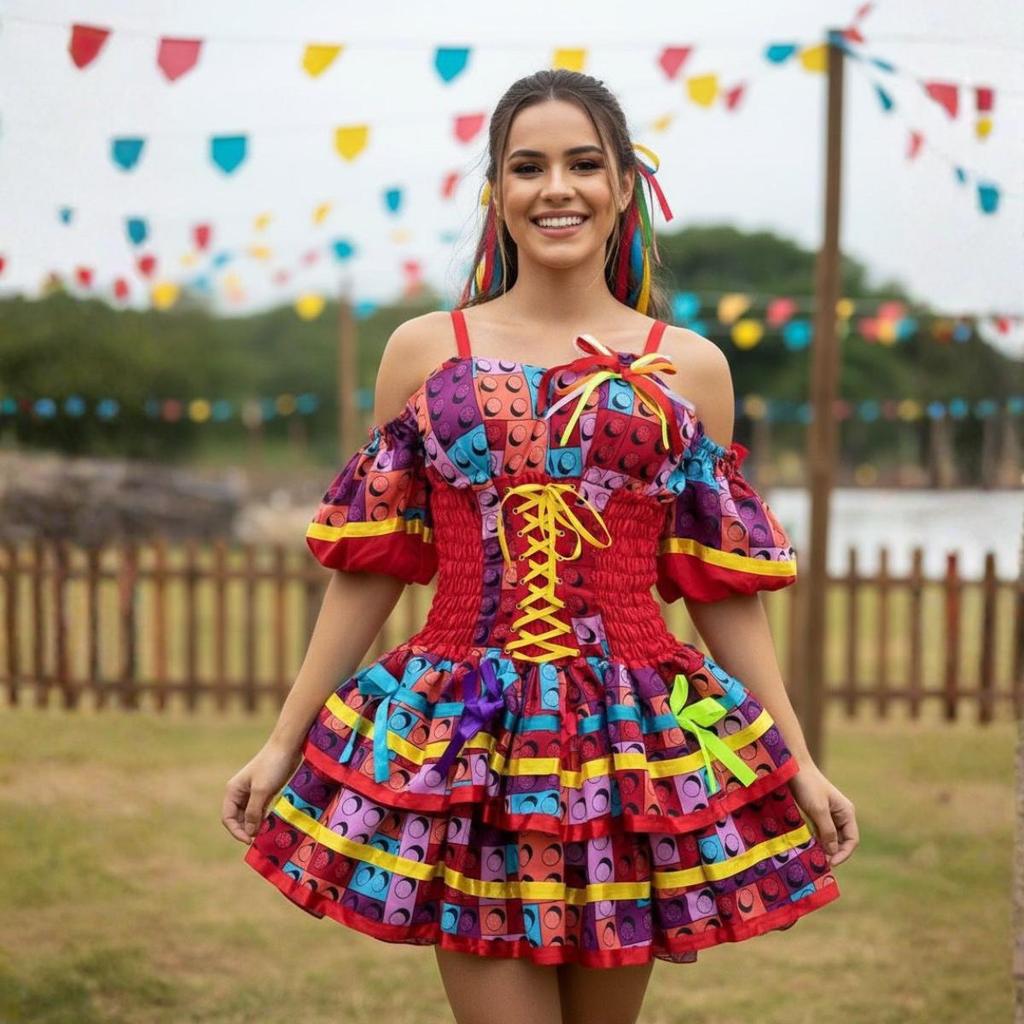 Vestido Caipira Feminino de Festa Junina Luxo Super Rodado Acinturado - Vestido Junino - Maria Bonita