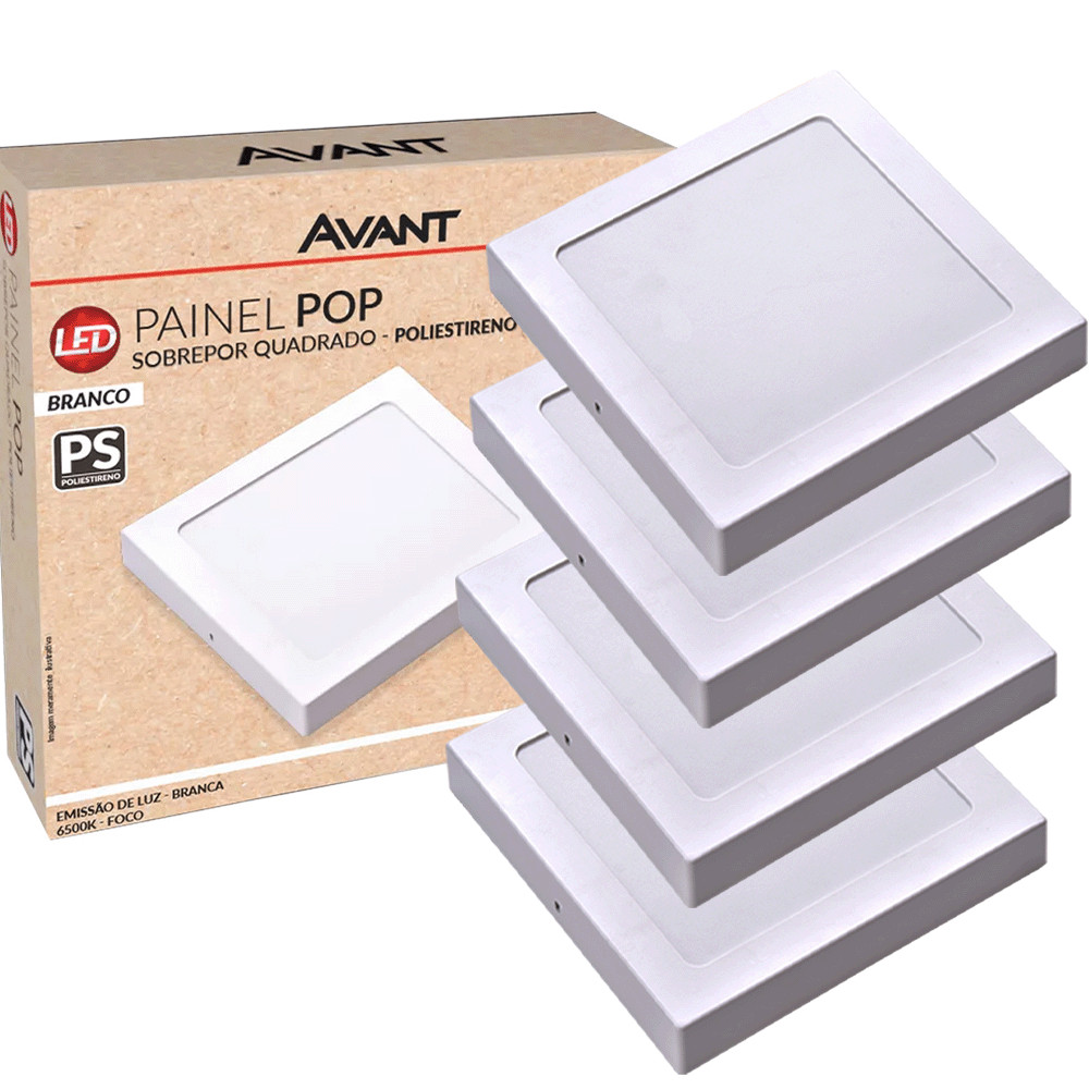 Kit 4 Painel LED Avant 12W Sobrepor Quadrado 6500K Branco Frio 720lm Bivolt IP20 em Oferta na Shopee