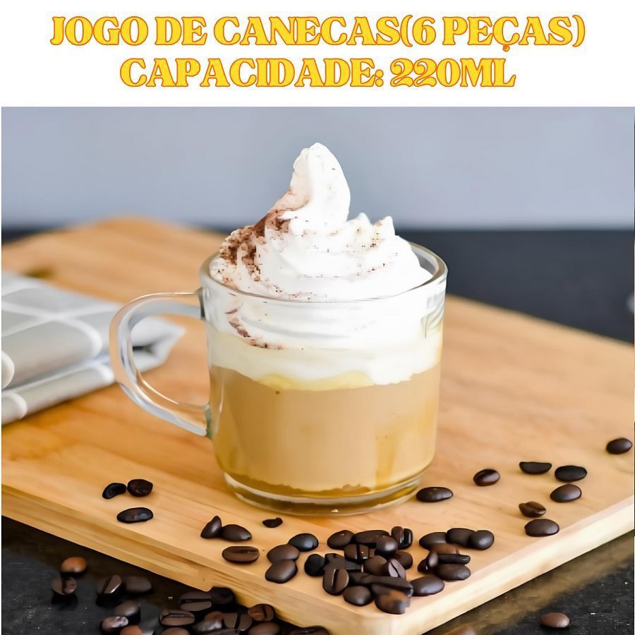 Conjunto 6 Canecas 220ML 7,2x9CM Vidro Para Bebidas Copo Liso Drinks Café Chá Copos Elegante Durável
