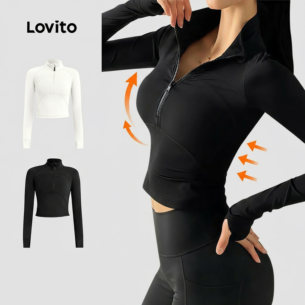 Lovito Jaqueta Esportiva Esportiva Confortável Ao Toque com Elasticidade em Quatro Direções preta LNA124036 em Oferta na Shopee