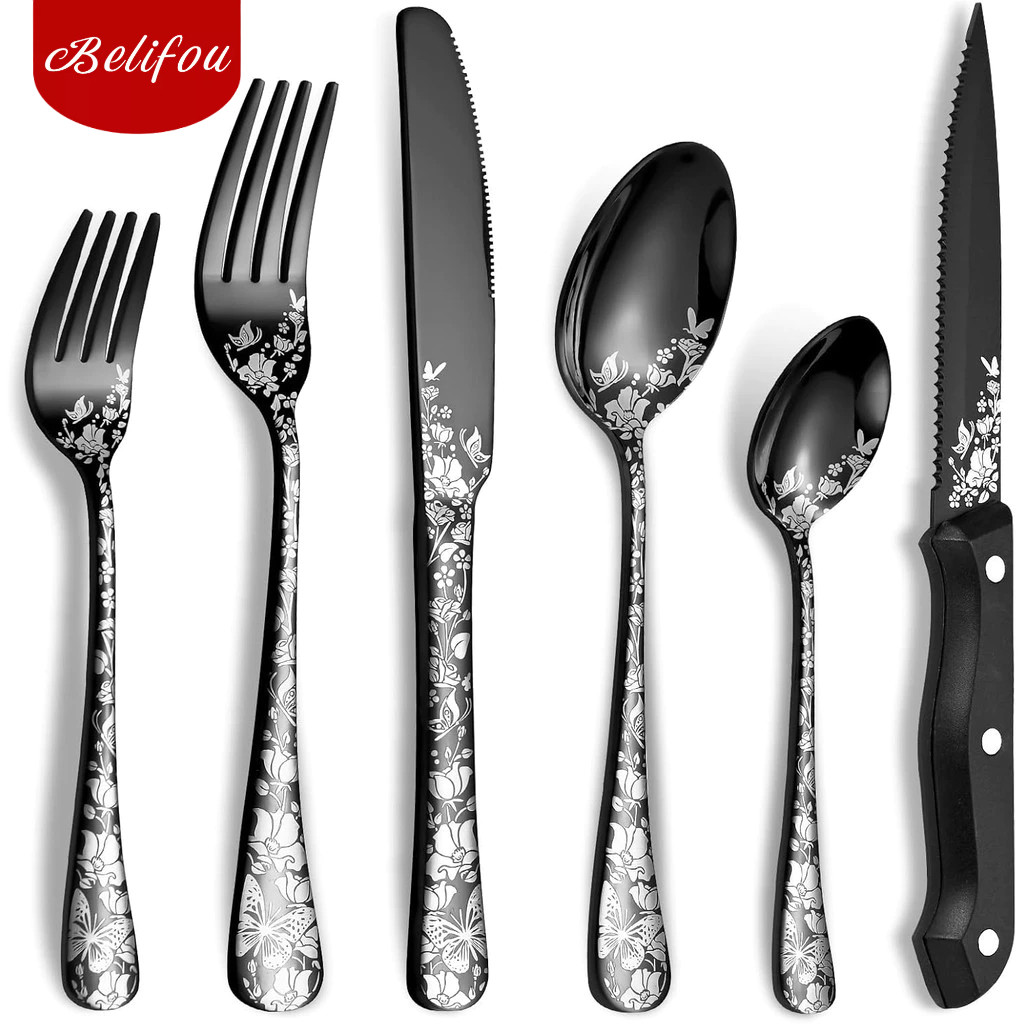 Belifou Kit 24 Conjunto De Talheres De Preto Com Facas Para Bife Conjunto De Talheres Aço Inoxidável