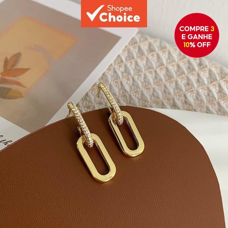 Brincos Requintados Incrustados De Diamantes Para Mulheres | Design Elegante De Botão Duplo De Duas Seções em Oferta na Shopee