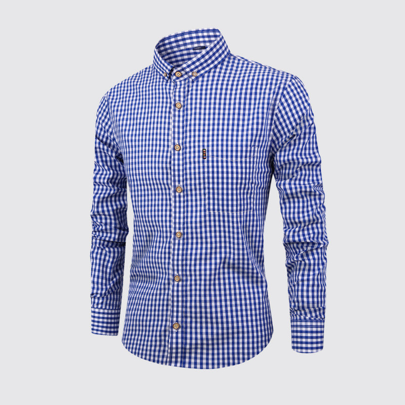 Camisa masculina Casual estampada de algodão respirável de manga comprida xadrez