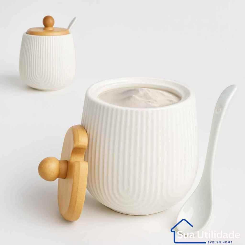 Porta Açucareiro Saleiro Temperos Branco Tampa Bambu Colher de Cerâmica Design Minimalista e Sofisticado para Cozinha em Oferta na Shopee