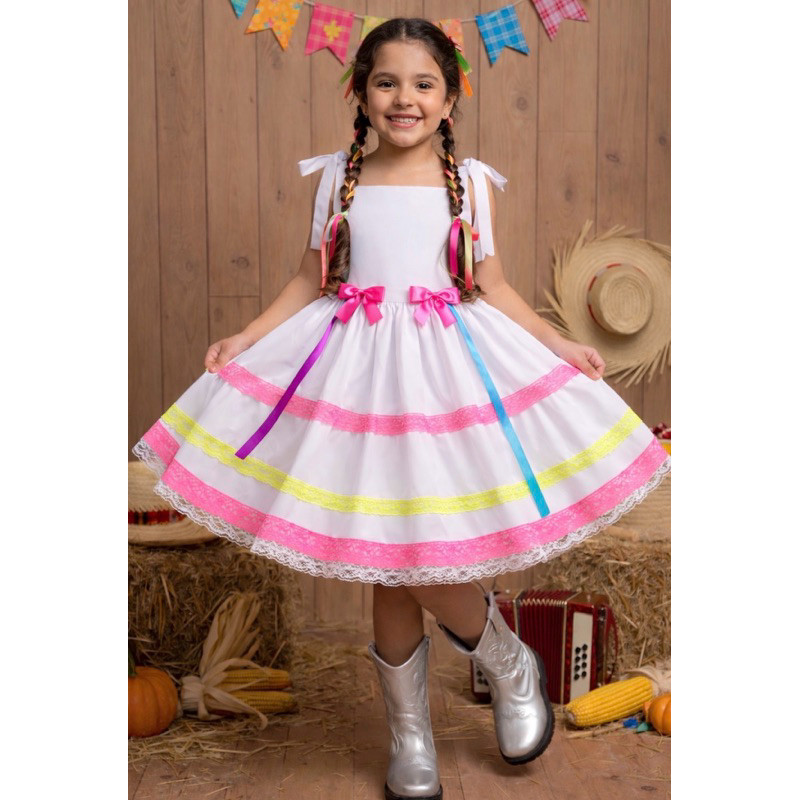 Vestido Infantil Festa Junina  Caipirinha Xadrez Rosa Colorido Caipira Caipirinha Quadrilha