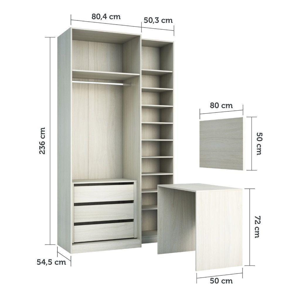 Kit Guarda Roupa Closet Guarda Roupa Closet 3 Peças Luciane 3 Gavetas Crema 7 Decor