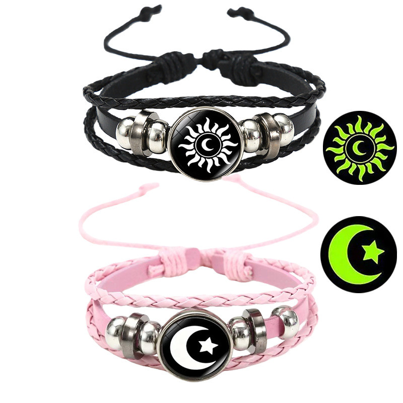 Conjunto de 2 peças de pulseira de couro Moonstone, efeito luminoso Sun Moon, adequado para casais