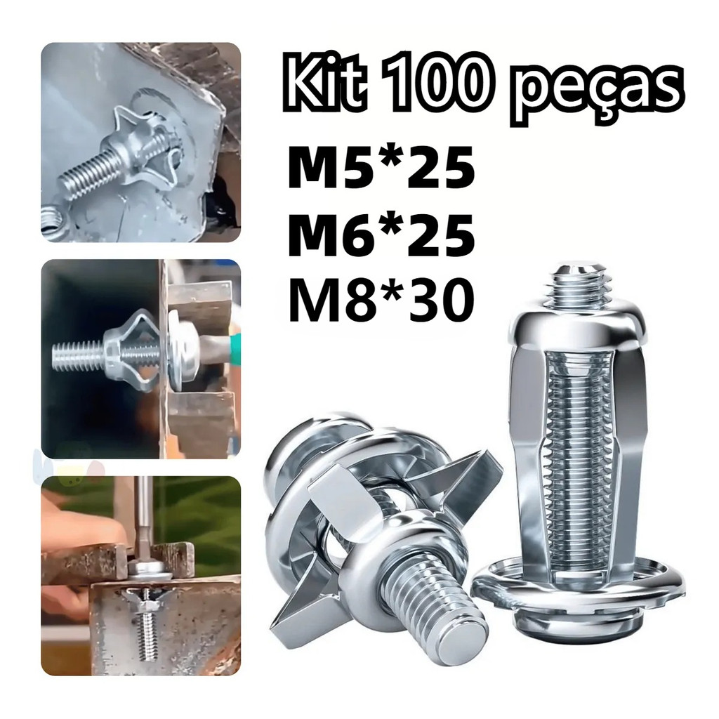 Kit 100 Grampos Rebite de Expansão Metal Aço M8/M6/M5 x 25 mmFixação Segura Profissional