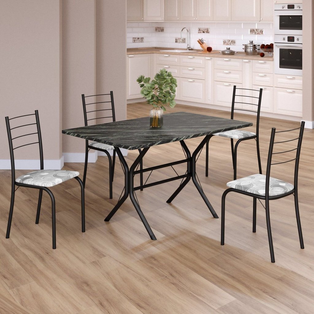 Conjunto Sala de Jantar Mesa Retangular 100x60cm Tampo Madeira Mdp Ardósia Indiana 4 Cadeiras Rio Paraopeba/Preto