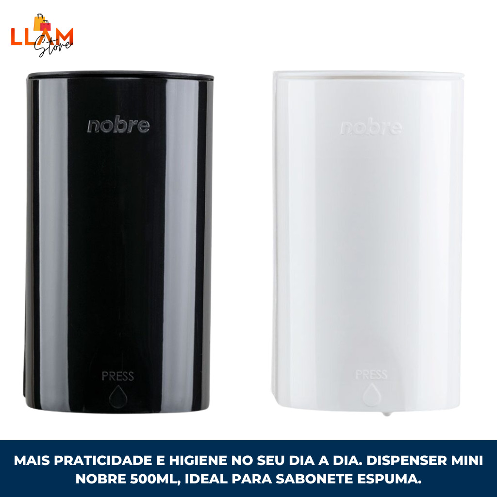 Dispenser mini Sabonete Espuma 500ml Nobre com Tecla Protect para Banheiro e Cozinha Preto ou Branco