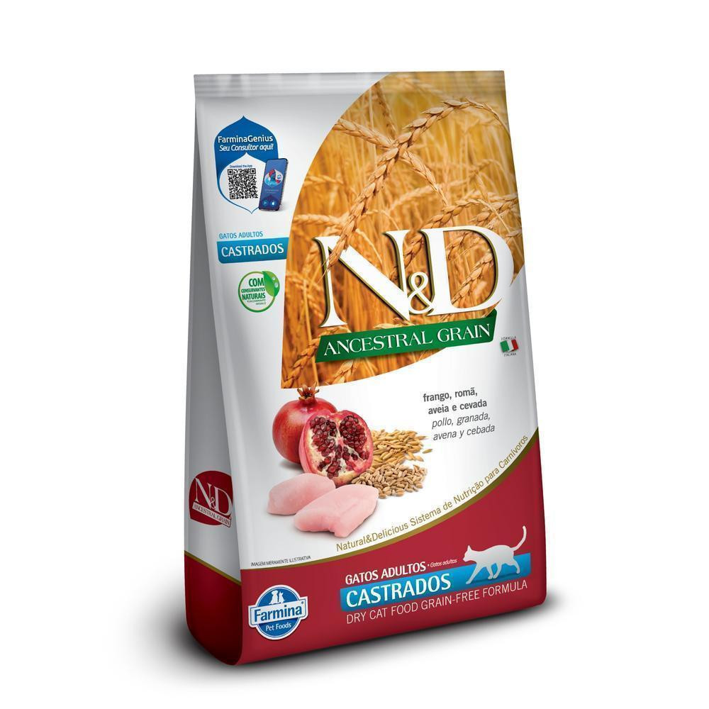 Ração Seca NeD Ancestral Grain para Gatos Adultos Castrados Sabor Frango, Romã, Aveia e Cevada 7,5Kg