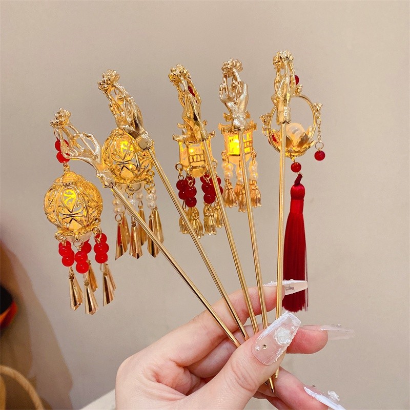 Nova lanterna chinesa luminosa borla hairpin enrolado cabelo antigo hairpin diário Hanfu acessórios de cabelo hairpin