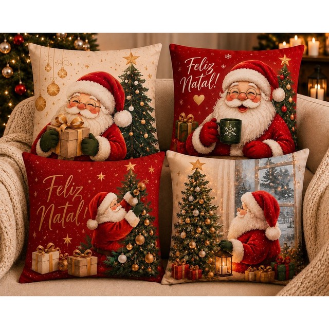 Kit 4 Capas de Almofadas 45x45 Natal Oxford Estampadas Decorativas natalina papai noel 2026