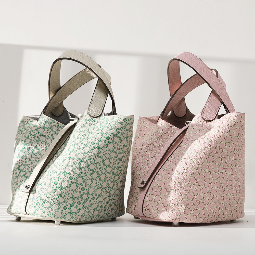 H Home 100% Togo Bolsa balde de flores de couro de primeira camada completa com impressão de couro genuíno Bolsa feminin