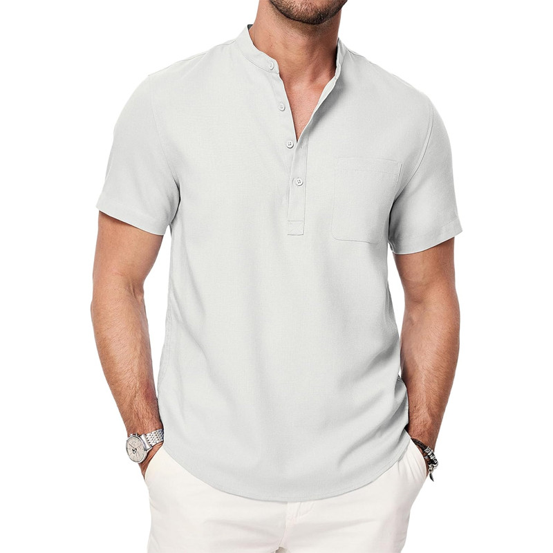 Verão Dos Homens Manga Curta Henley Camisas Casuais Botão Para Baixo Camisa Leve Beach Wear Com Bolso Respirável Streetw