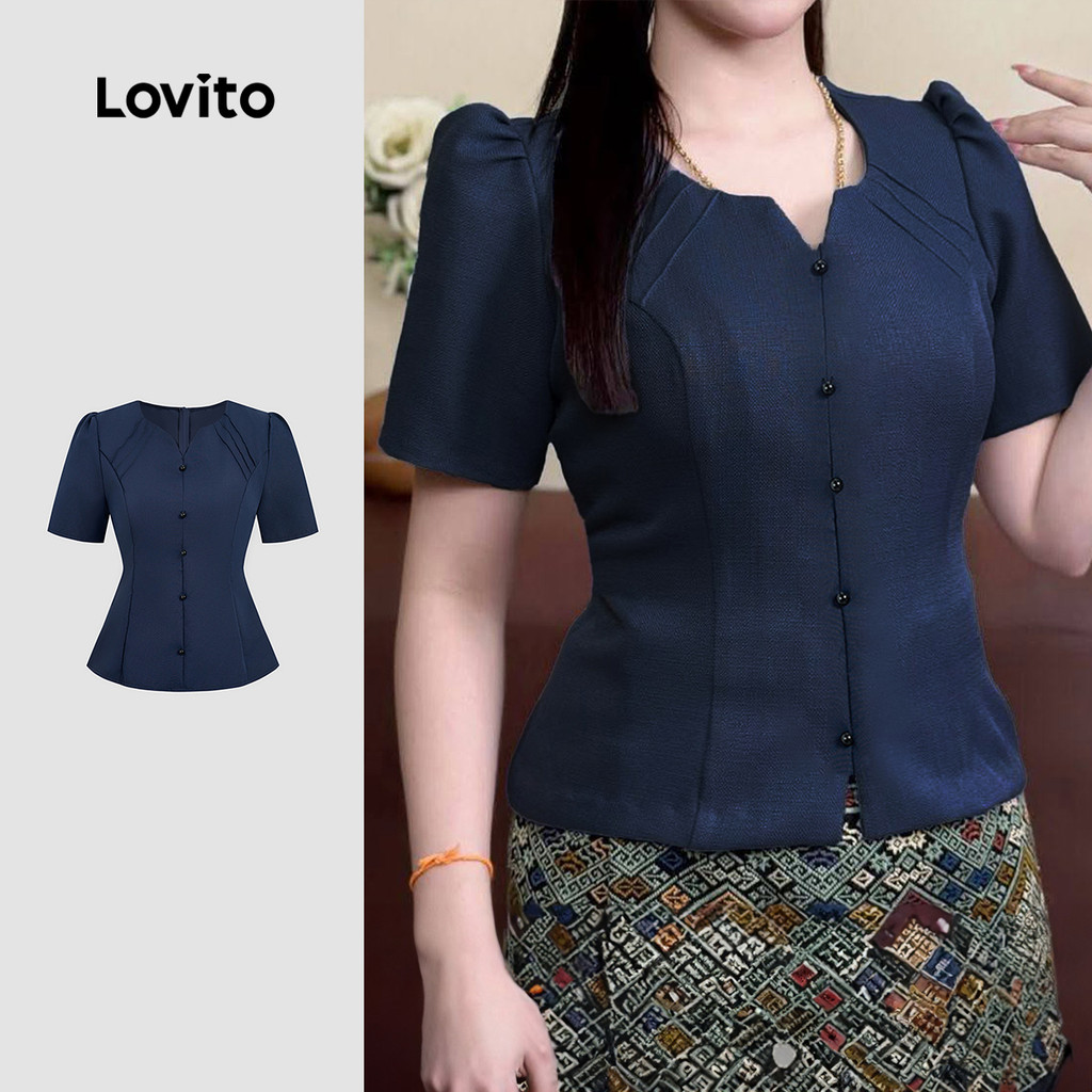 Lovito Blusa Elegante De Festa Botões Frontais E Modelagem Estruturada Azul Marinho Mulheres Primavera/verão L165ED037 em Oferta na Shopee