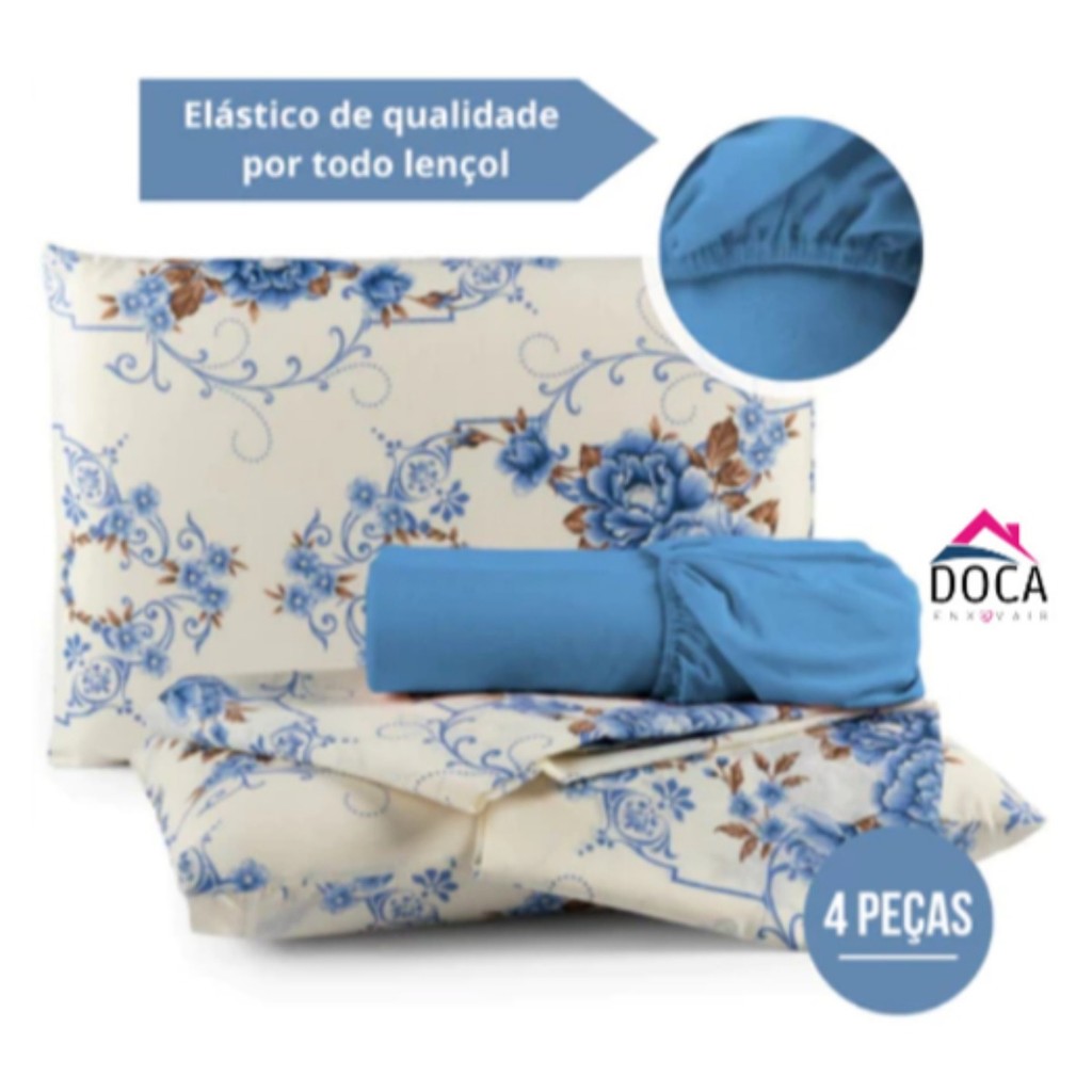 Kit Jogo de Lençol Cama Box Casal Queen 4 Peças C/ Elástico 1,98m x 1,58m x 0,30cm Estampas Sortidas