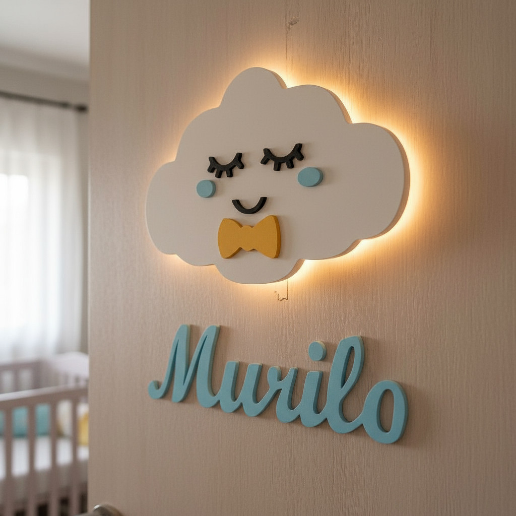 Luminária Nuvem com Nome Personalizado LED Quarto Bebê Infantil Decoração Parede MDF Luz Quente