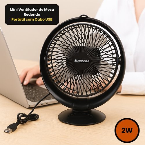 Mini Ventilador de Mesa Redondo Portátil com USB Silencioso Econômico Resistente Durável 2W - Preta