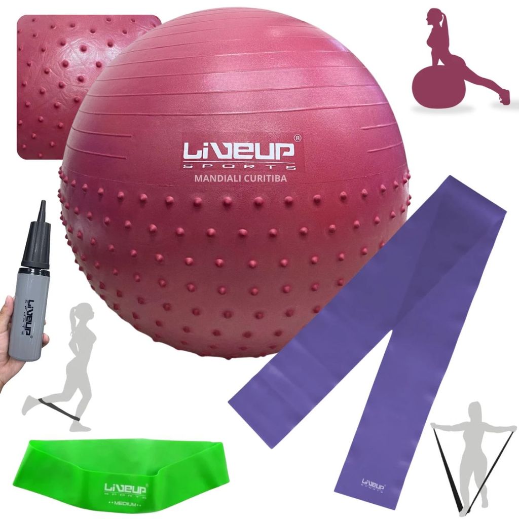 Kit Bola Suiça 65cm Textura Cravo Massage Ball + Mini Bomba + Faixa Elástica Média + Mini Band Média