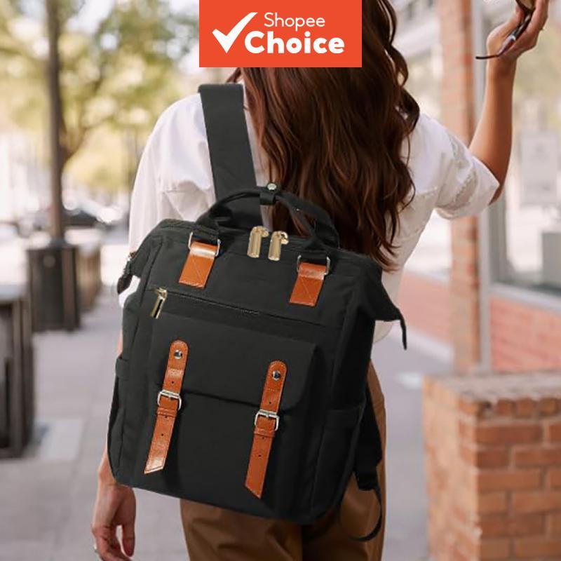  Mochila de viagem feminina com bloqueio de cor retrô, de mão dupla, abertura ampla superior e compartimentos múltiplos