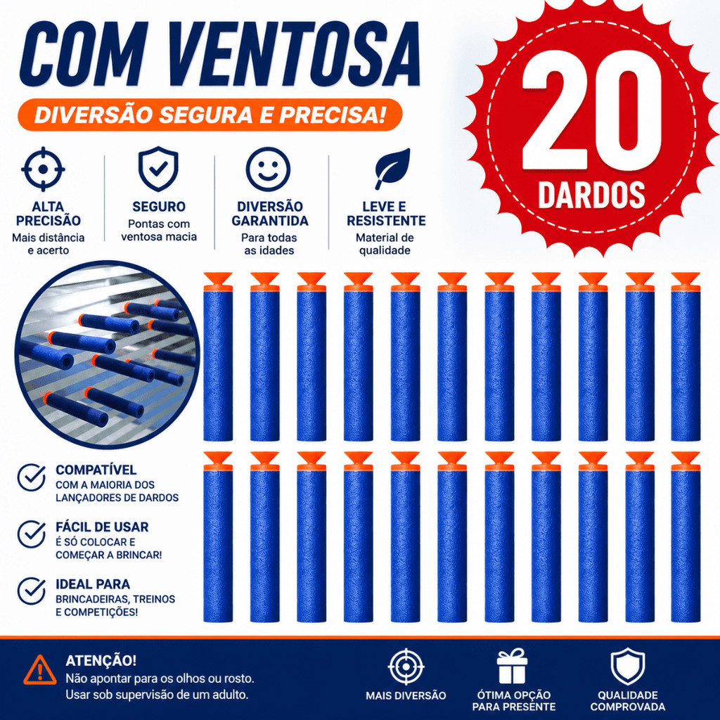 Kit 20 Refil de Dardos Com Ventosa Espuma Munição Recarga Refil Gruda Cola Vidro Nerf Balas Lançador